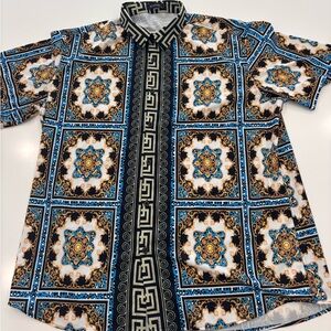 MCEDAR: Men's XXL Blue and Black Patterned Button-up Shirt